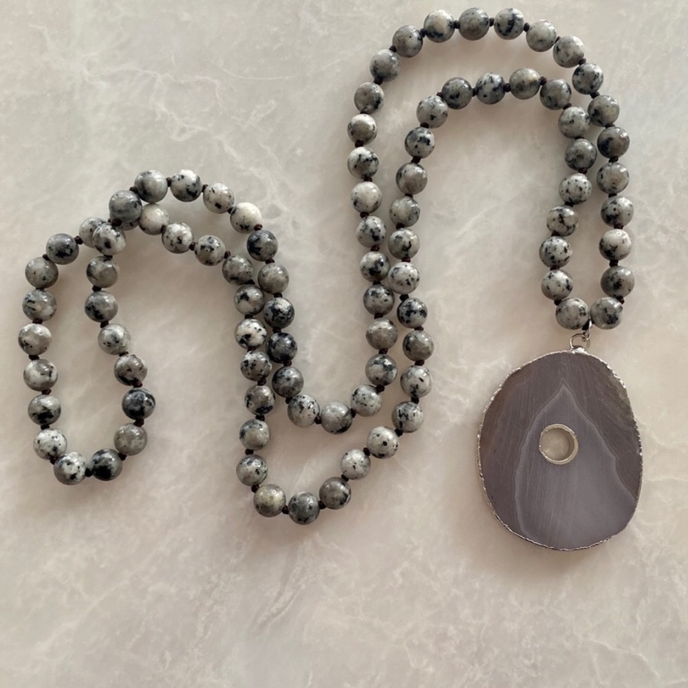 Long natural stone boho beaded necklace